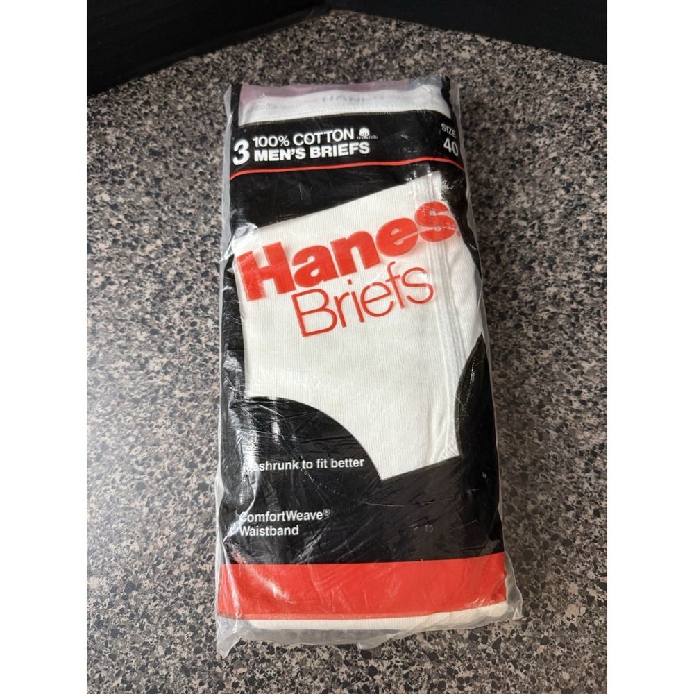 VTG 80s Hanes Mens Briefs‎ 3 Pack NOS Made In USA 40 White Cotton Comfortweave
